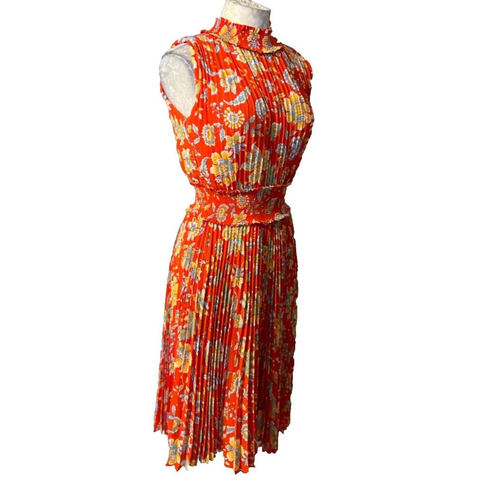 Nanette Lepore Dress 4 Pleat Mock Neck Smocked Red Orange Yellow Floral Washable - Picture 5 of 9